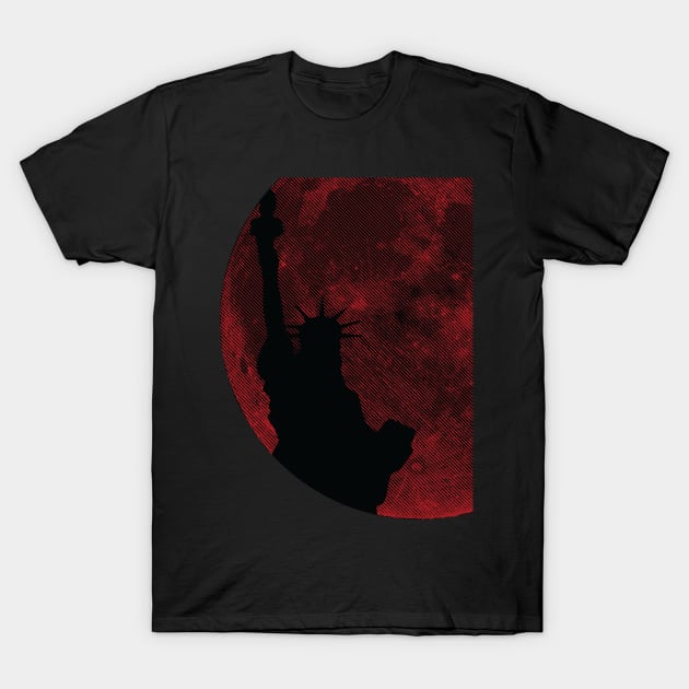 Minimalistic Lunar Liberty - Red Moon Background Statue of Liberty T-Shirt by pelagio